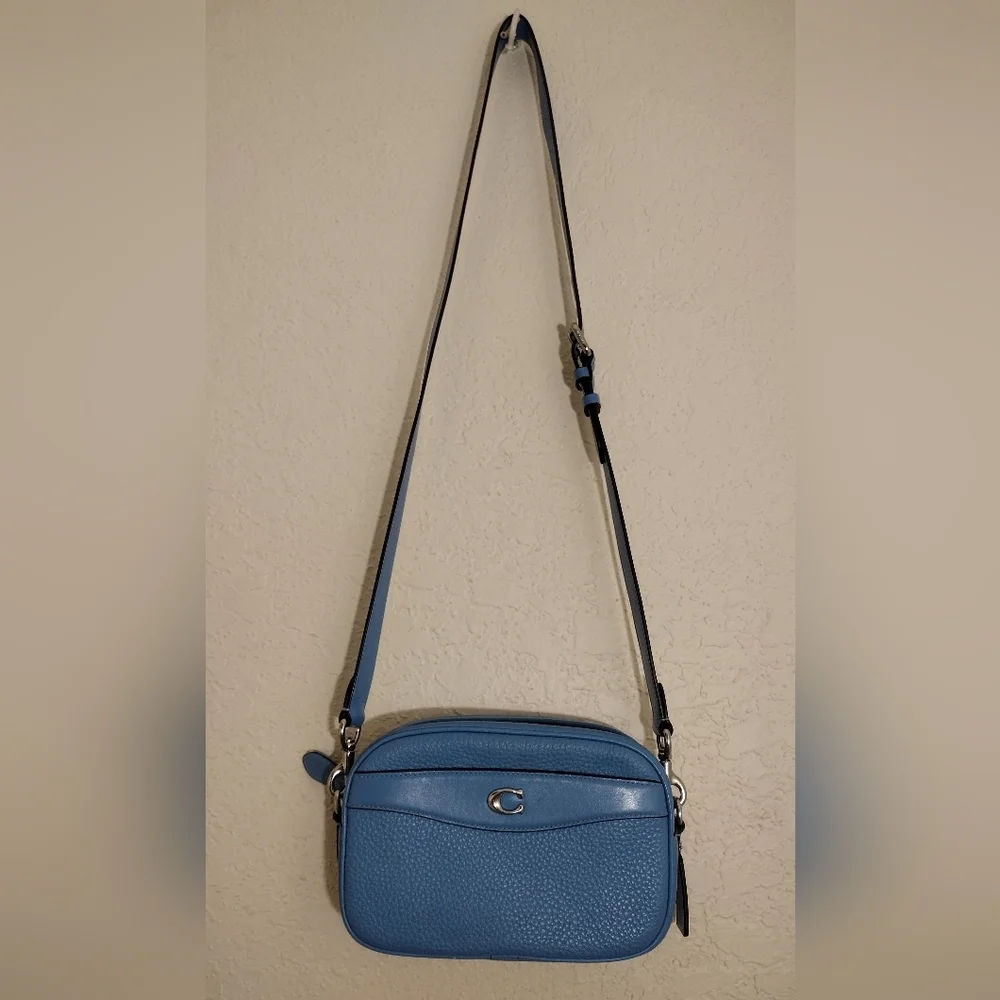 Coach Pool Blue Soft Pebbled Leather Camera Crossbody Bag